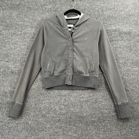 Aerie Y2K Hooded Button Front Sweatshirt Womens M Gray Cropped Pockets Jacket - Picture 1 of 10